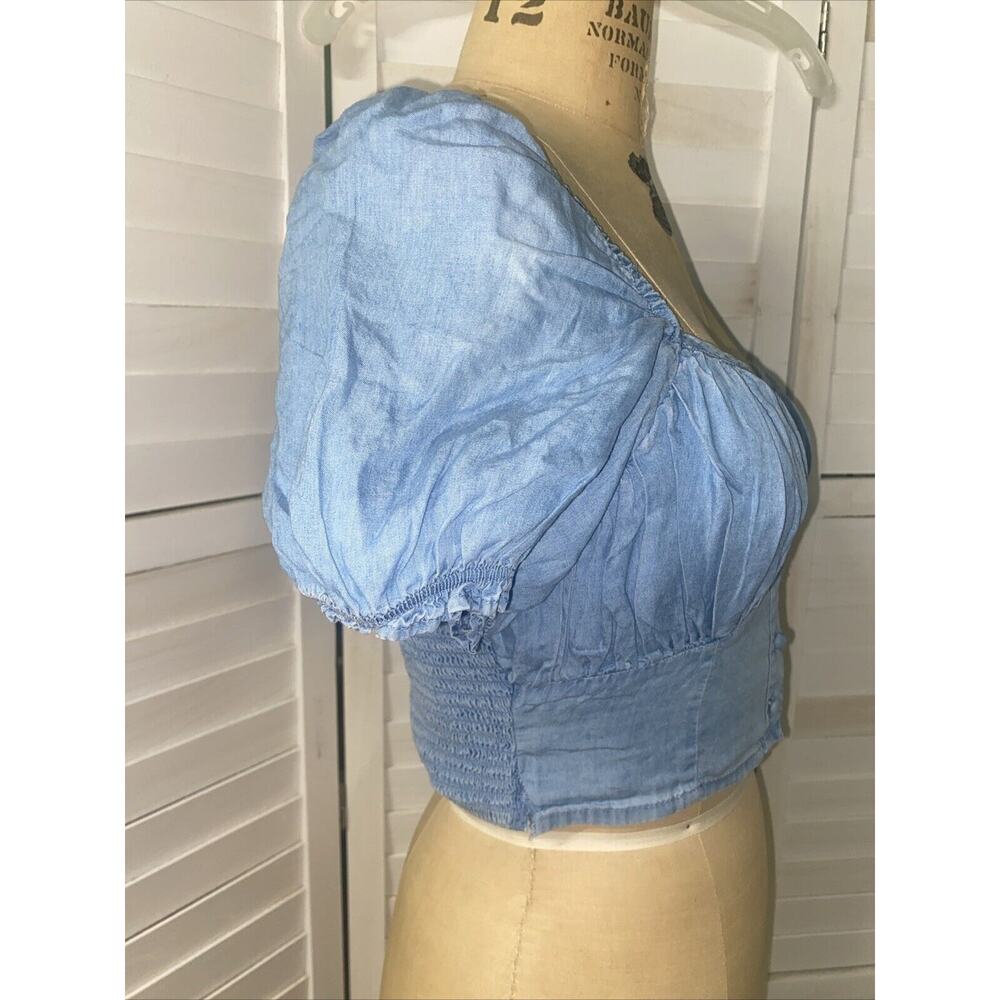 Dizzy Lizzy Denim Corset Puff Sleeve Cropped Top Blue Cottagecore Size Medium - Picture 2 of 8